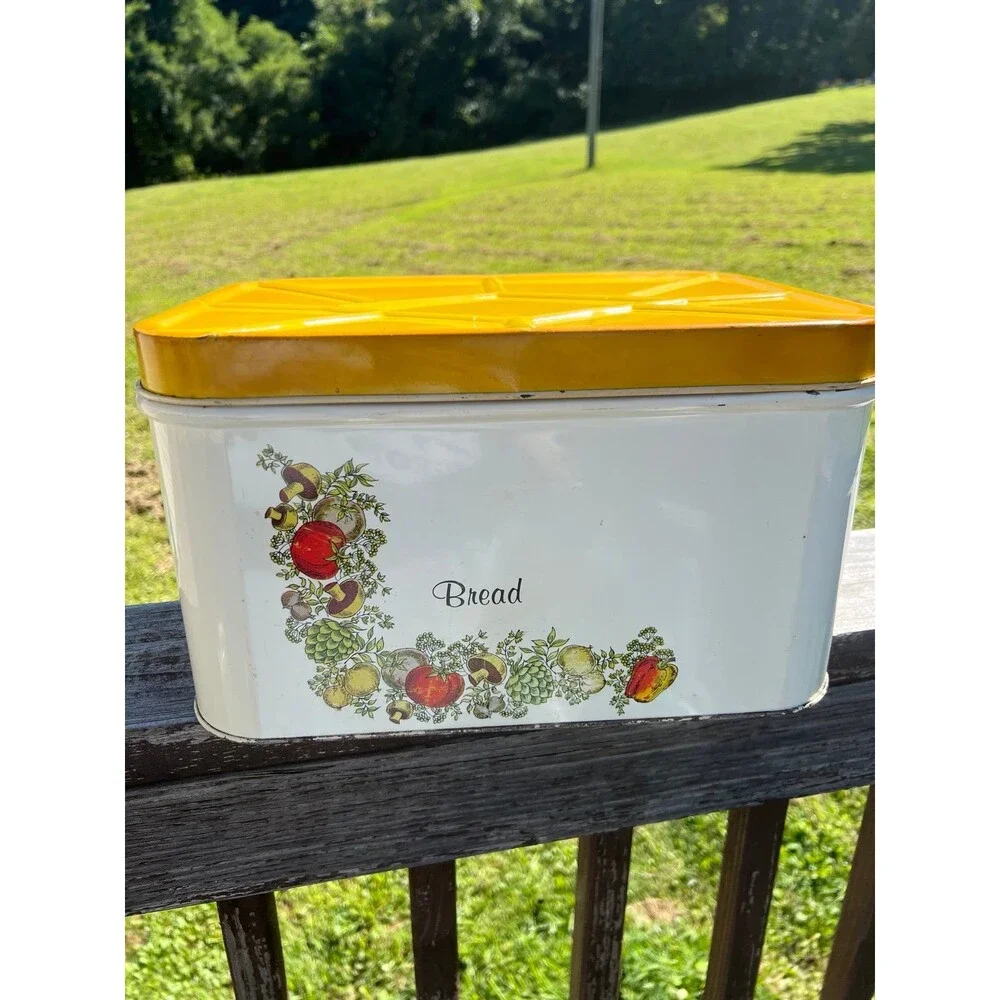 Bread Box Metal Spice of Life Mushroom Vegetable USA Yellow Lid Vintage MCM
